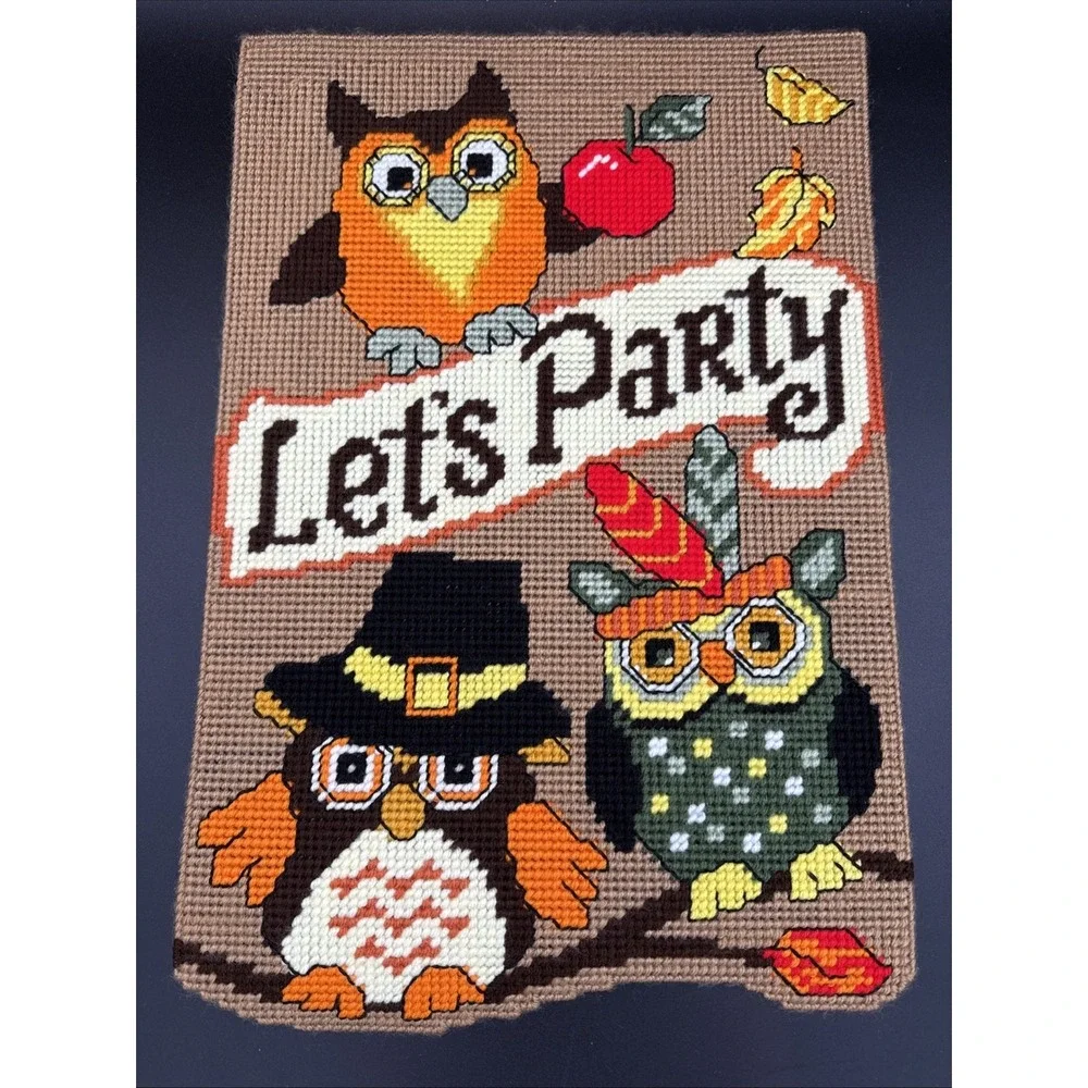 Plastic Canvas November Wall Decor Completed Thanksgiving Owls 12 X 18